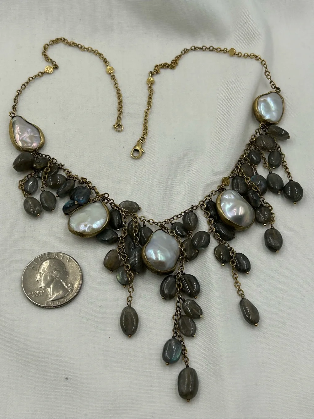 Ross Simons Gold Tone Baroque Station Mobe Pearl and Labradorite Necklace